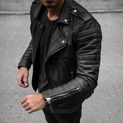 Chaqueta biker de cuero ROURKE para hombre con cremalleras y cuello de solapas