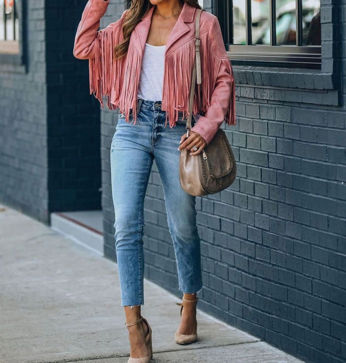 Chaqueta de ante con solapa clásica y corte corto para mujer