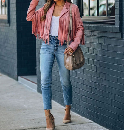Chaqueta de ante con solapa clásica y corte corto para mujer