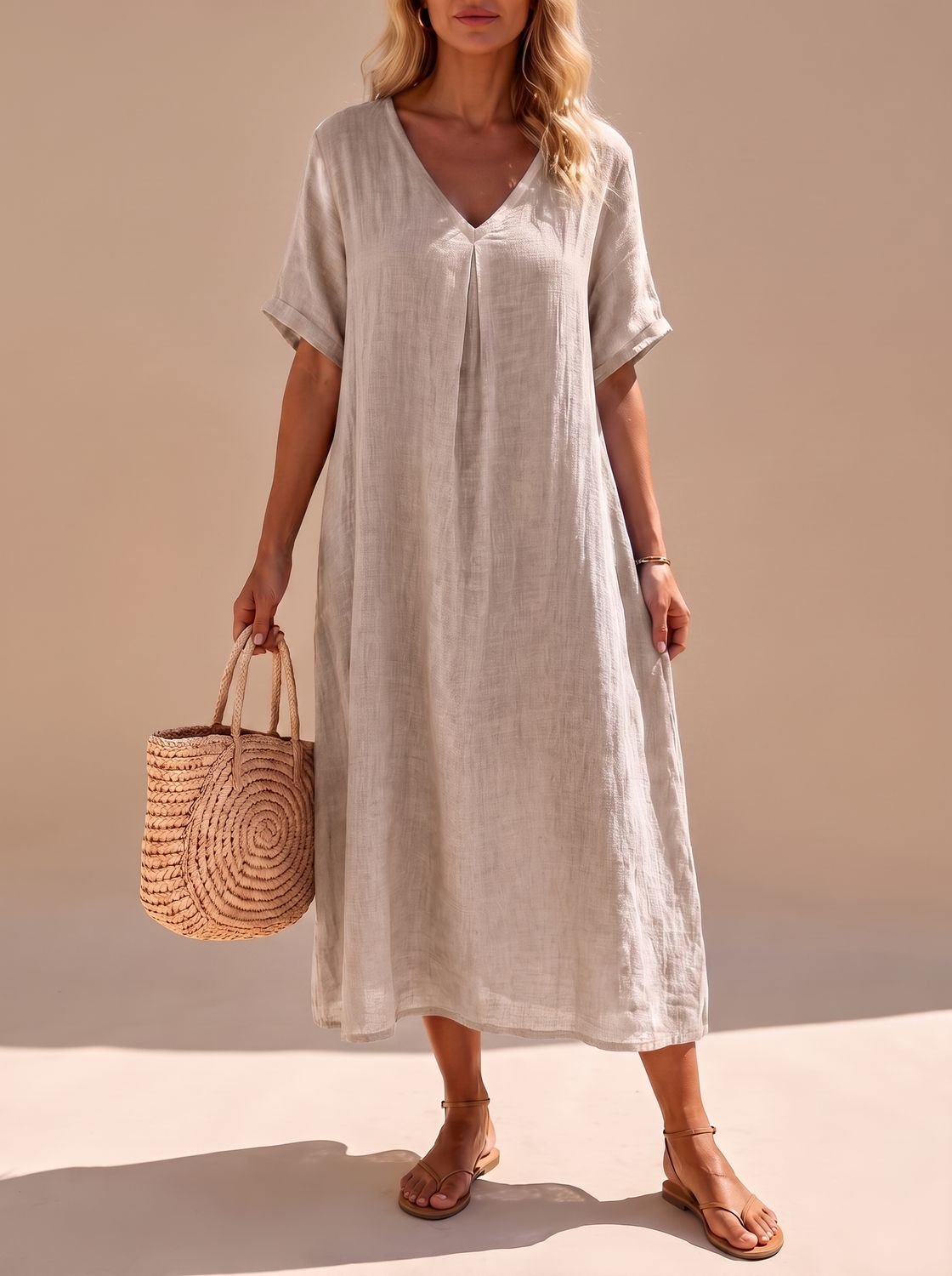 Detalle de la manga corta enrollada del vestido boho SANTORA