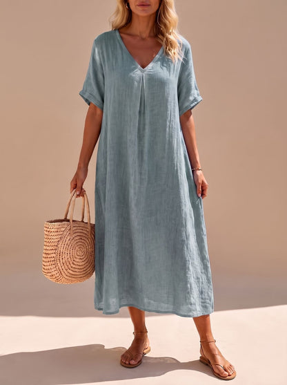 Espalda del vestido maxi de lino SANTORA en tono boho