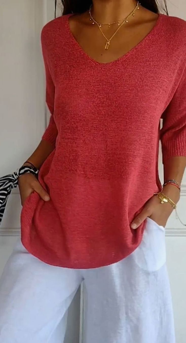 Túnica de punto holgada con cuello en V para mujer, vista frontal completa