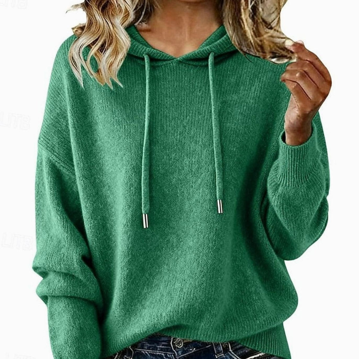 Sudadera mujer con capucha y cordón de punto suave, corte relajado