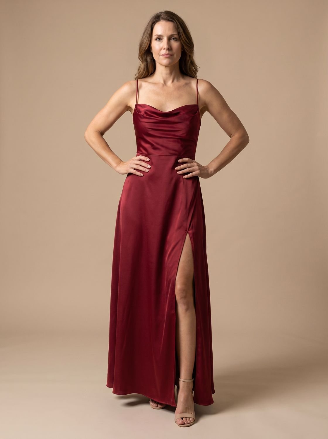 Vestido largo de satén con cuello drapeado y abertura frontal para mujer