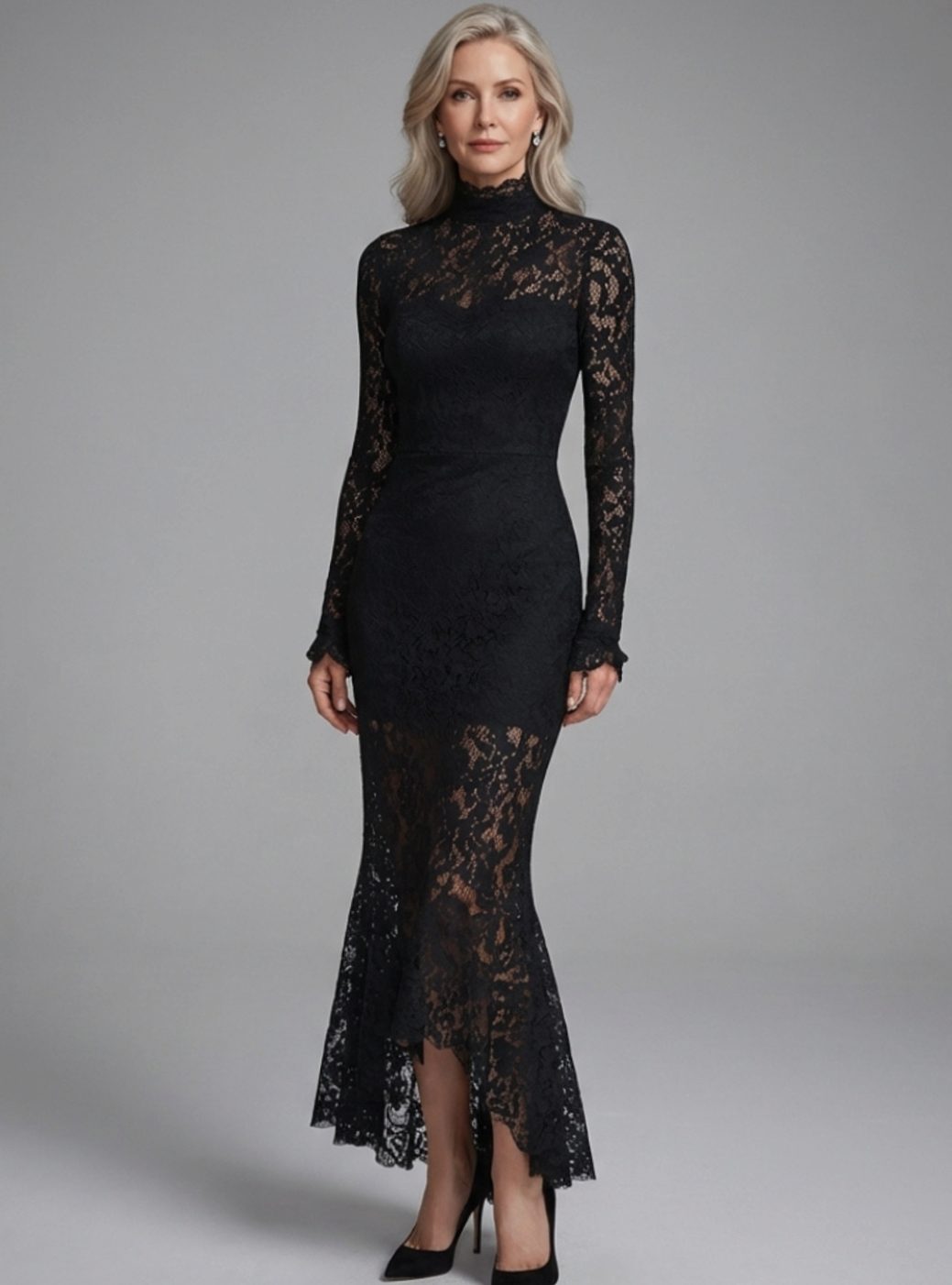 Vestido de encaje sirena negro para mujer con cuello alto y manga larga