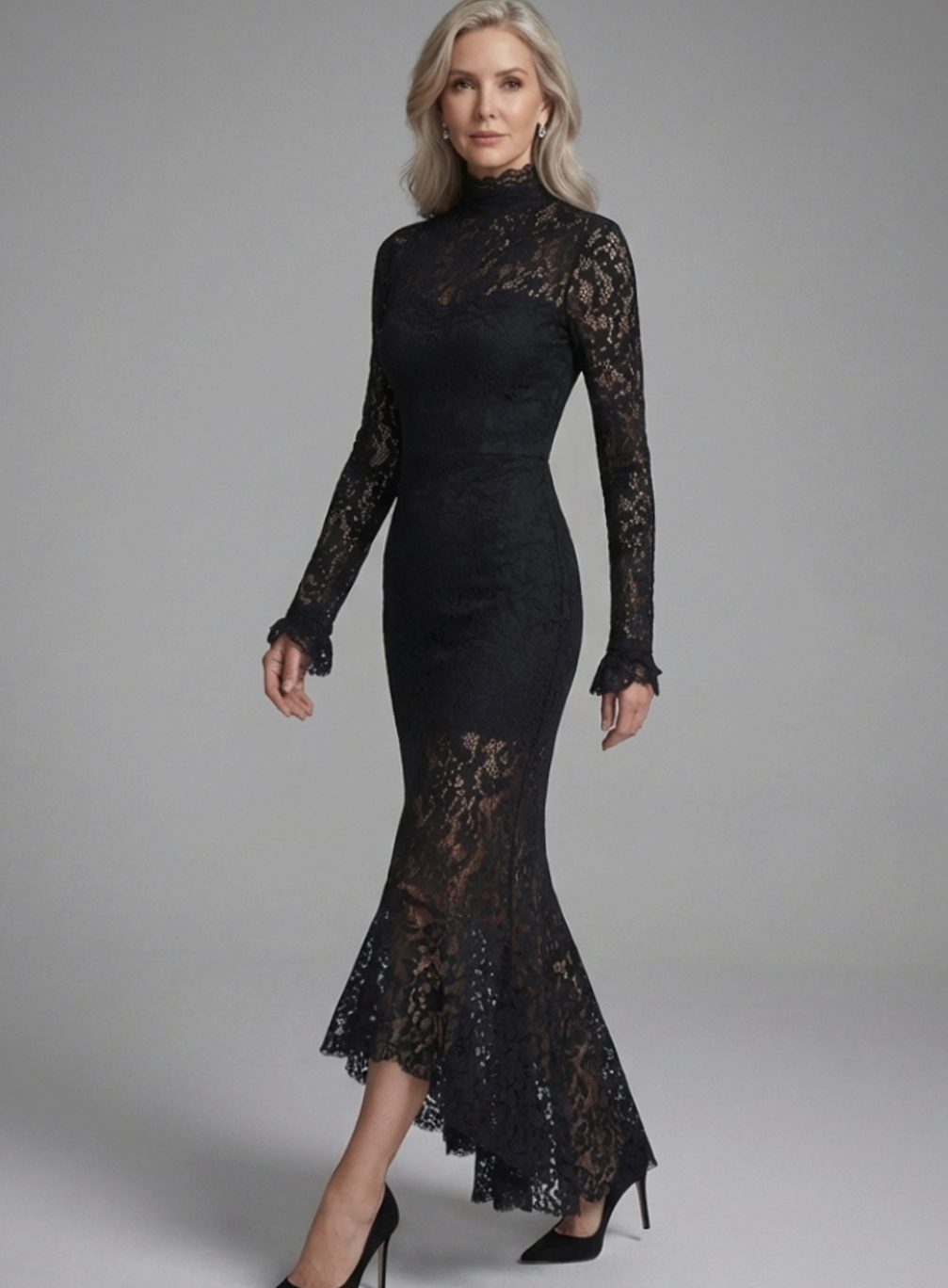 Detalle del encaje floral del vestido midi sirena de manga larga