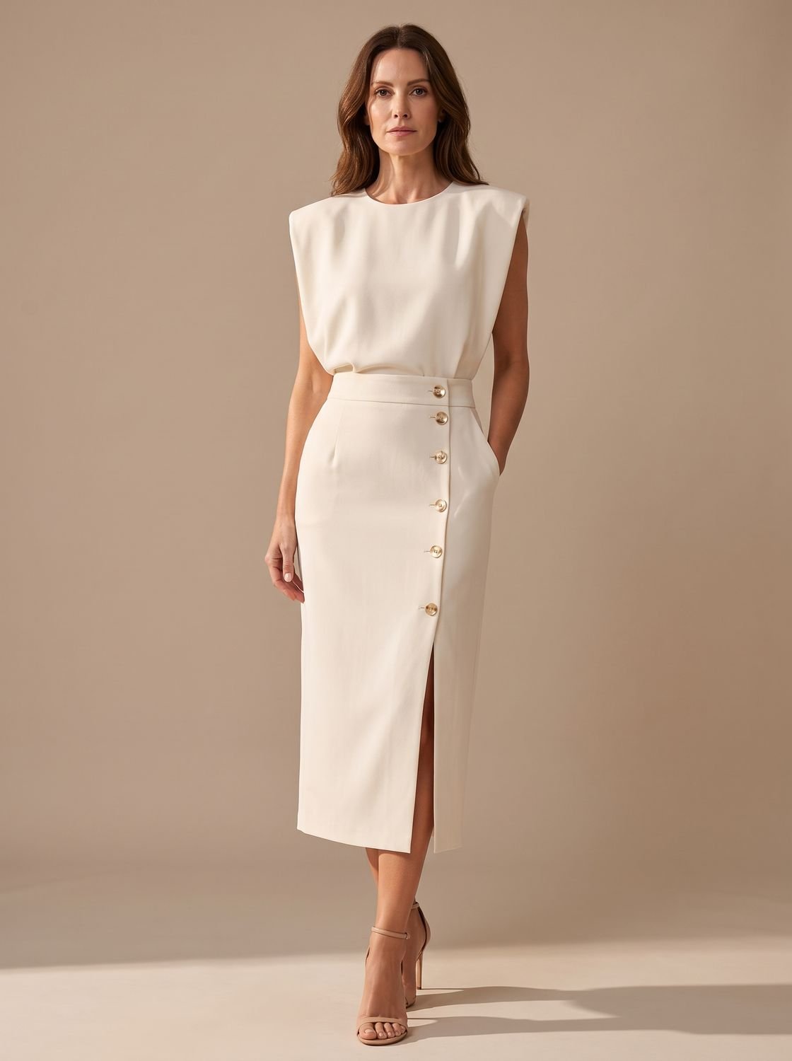 Vestido midi sin mangas SERELITH con botones dorados y abertura frontal
