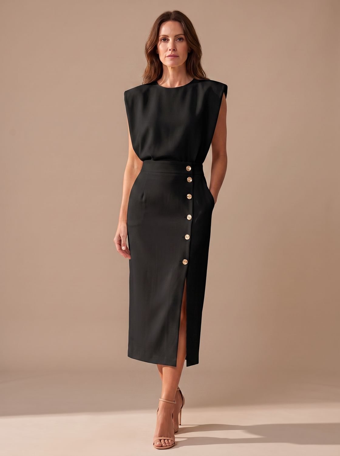 Vestido midi entallado con hombros acolchados visto de frente