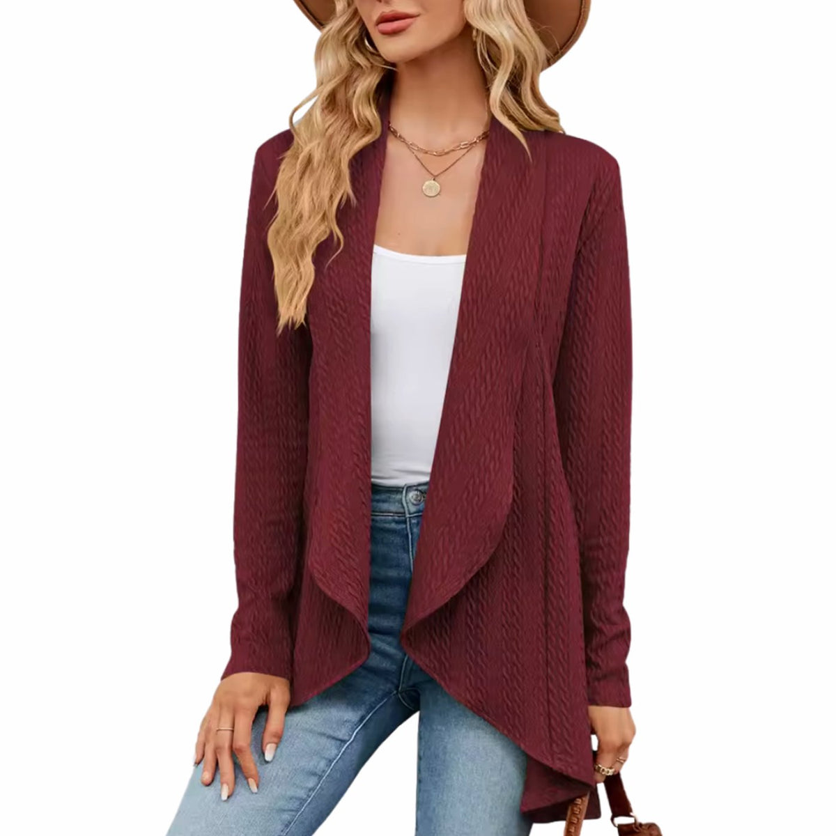 Cárdigan texturizado combinado con blusa para oficina