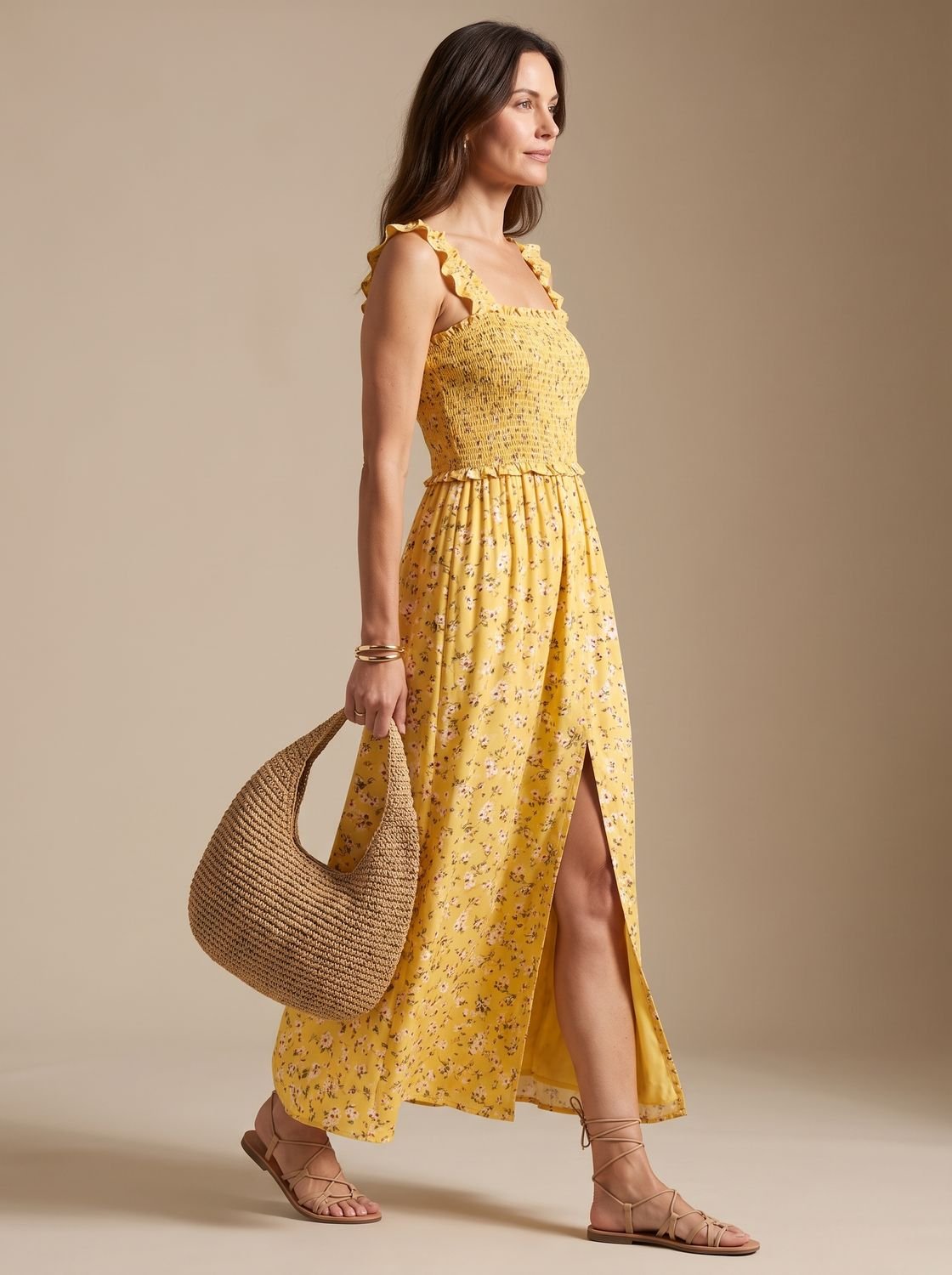 Vestido largo estampado floral con tirantes de volantes
