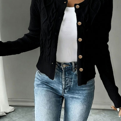 Cárdigan cropped de punto trenzado con botones dorados para mujer