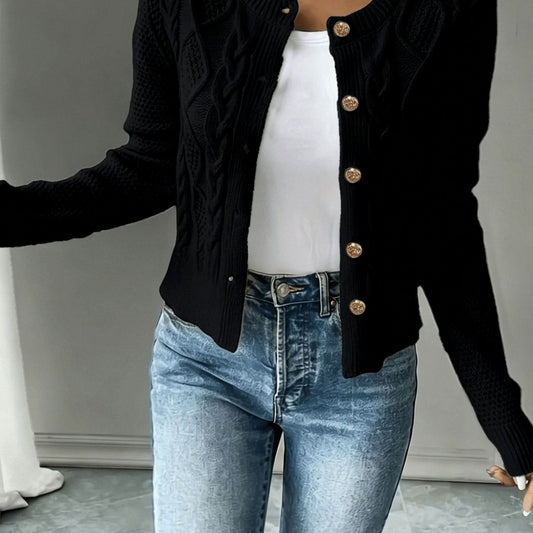 Cárdigan cropped de punto trenzado con botones dorados para mujer