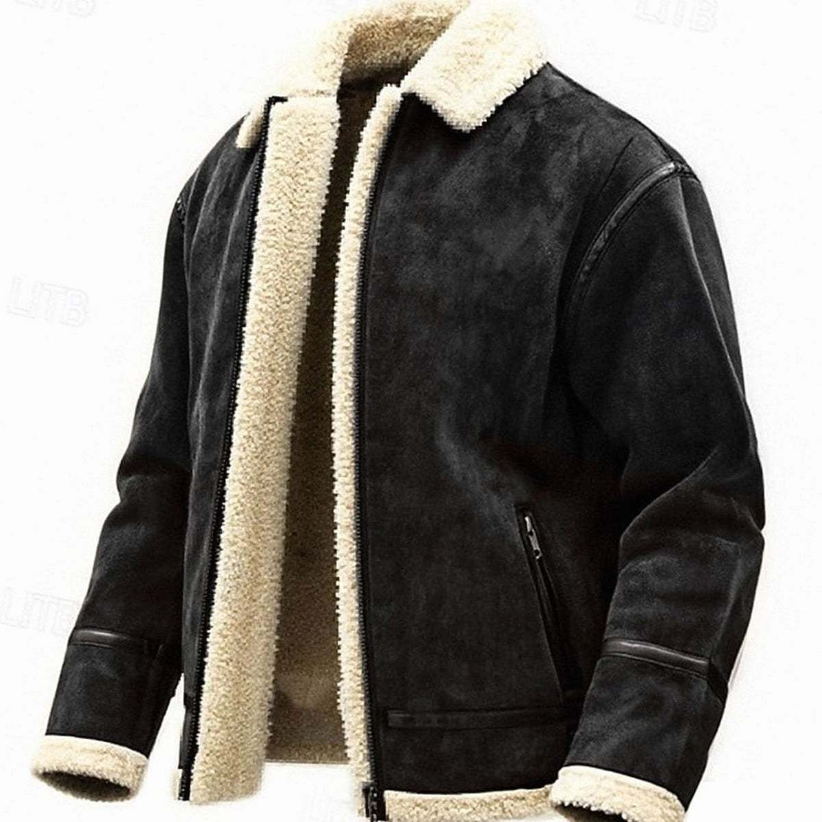 Cazadora bomber aviador para hombre con forro sherpa y cremallera completa en color negro