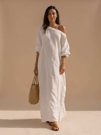 Vestido maxi boho TAMORA de un solo hombro y manga ancha en tono neutro