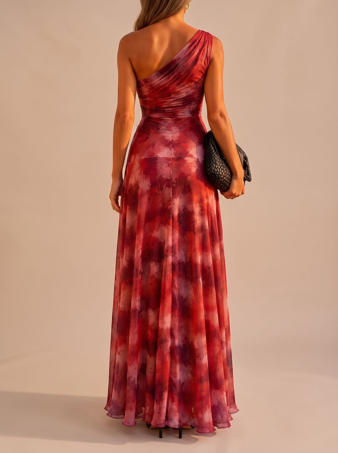 Vestido largo fluido TAZURI con falda amplia y escote asimétrico