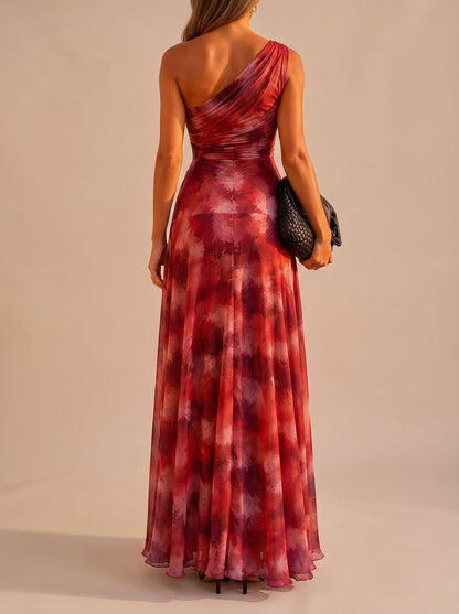 Vestido largo fluido TAZURI con falda amplia y escote asimétrico