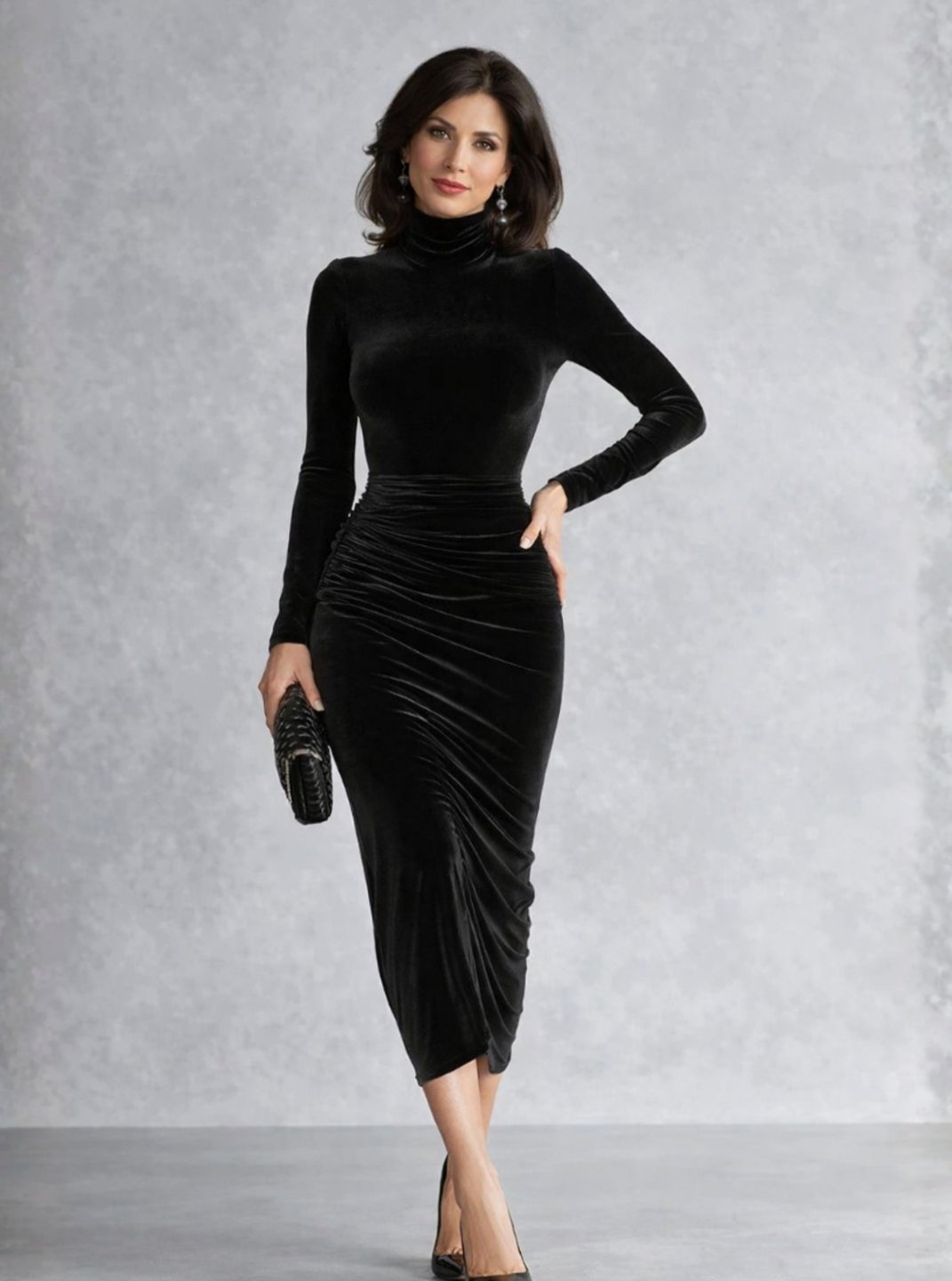 Vestido midi de terciopelo negro con cuello alto para mujer