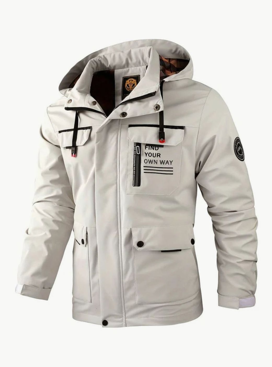 Vista frontal de la chaqueta acolchada con cremallera y bolsillos