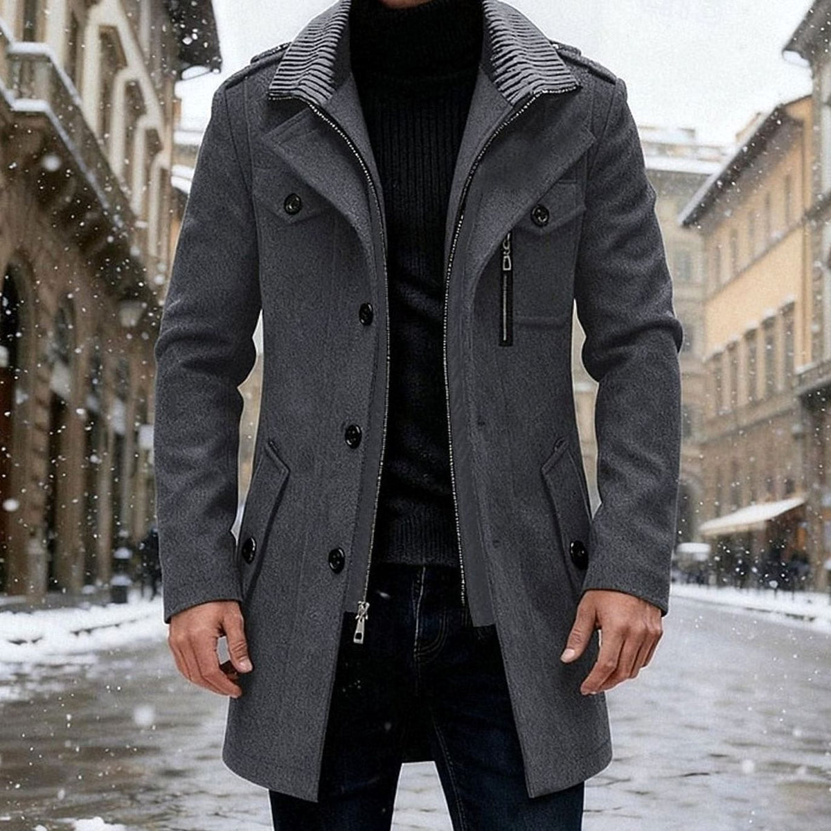 Hombre con abrigo cruzado TORVALEN de corte entallado en look invernal