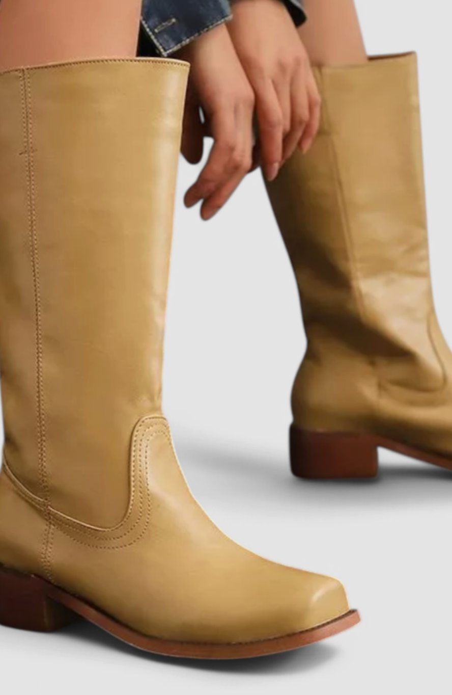 Botas altas de mujer en piel marrón con tacón grueso, vista frontal