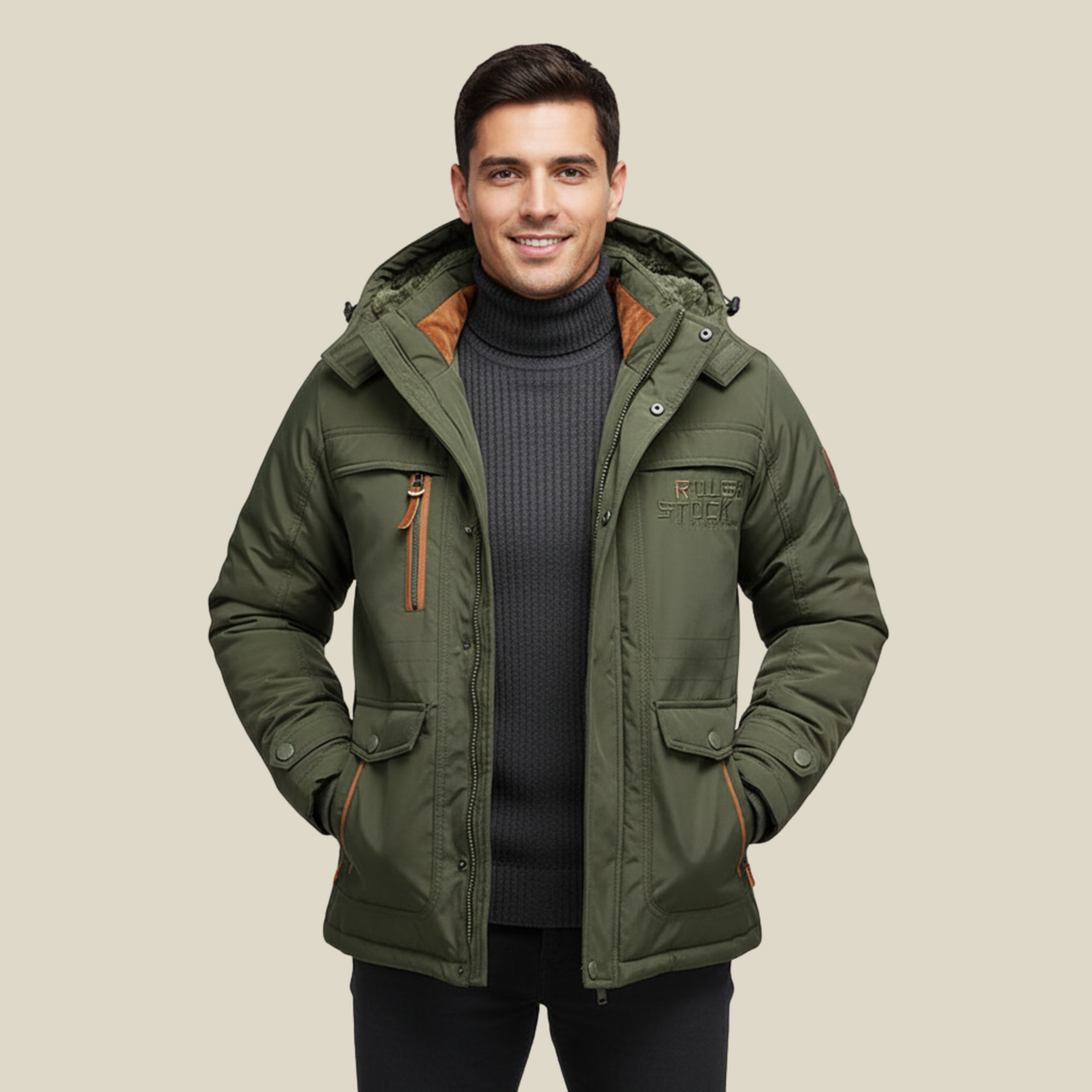 Chaqueta VARKSTAN en color verde combinada con look casual