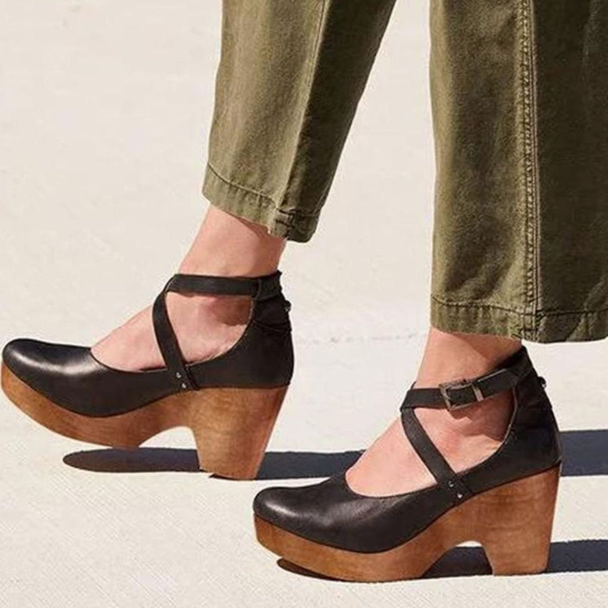Zapatos Mary Jane vintage con tira cruzada y tacón grueso de madera
