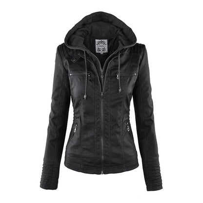 Detalle de la capucha ajustable de la chaqueta de cuero VESTRYN