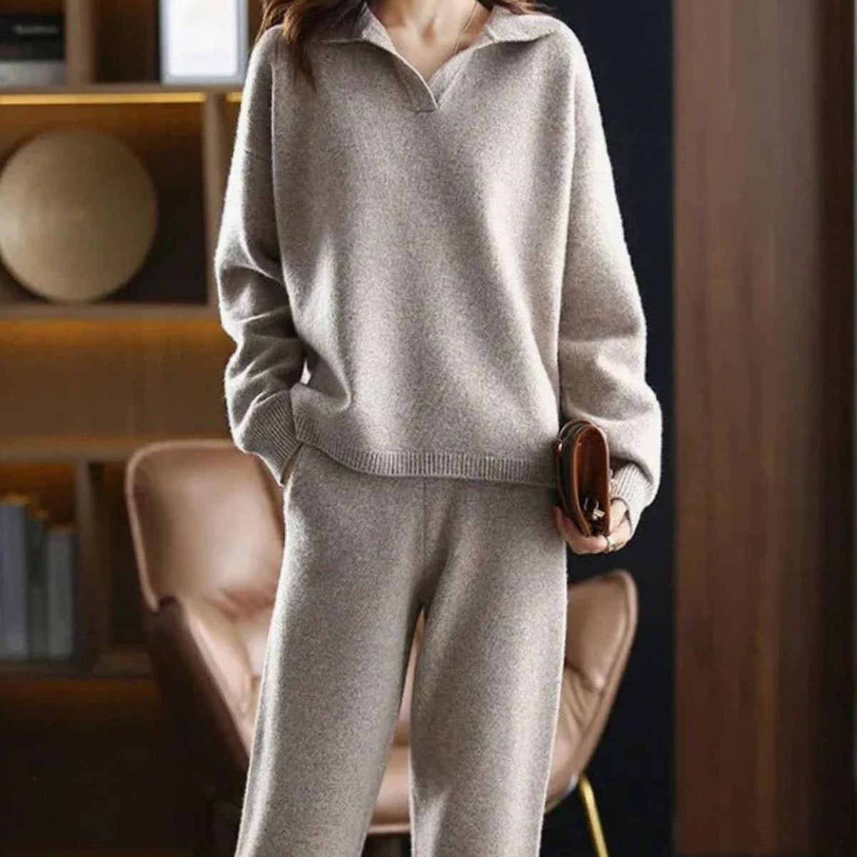 Conjunto de punto de dos piezas para mujer con jersey cuello polo y pantalón ancho