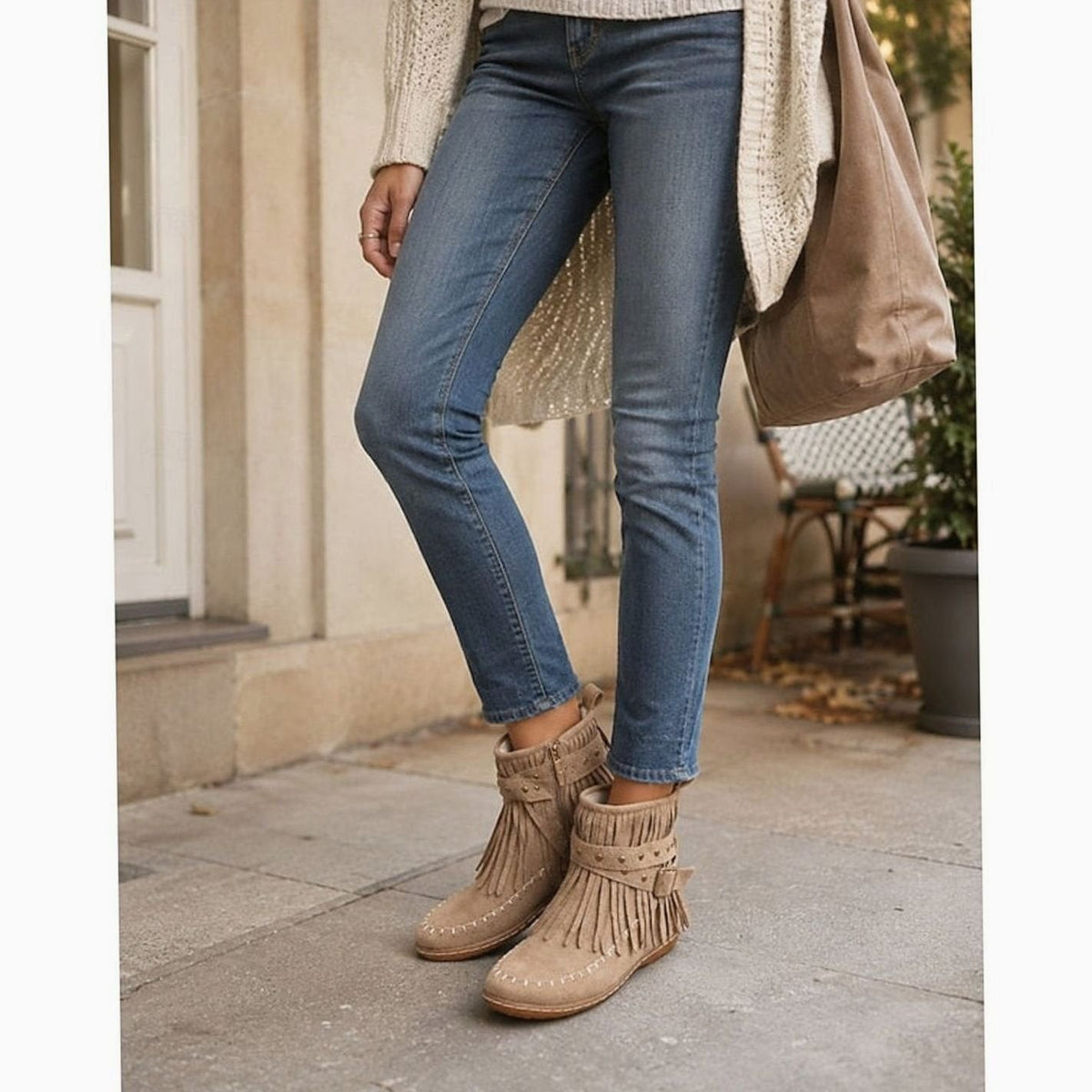 Botines camperos WRANGIS con flecos, hebilla dorada y cremallera lateral para mujer