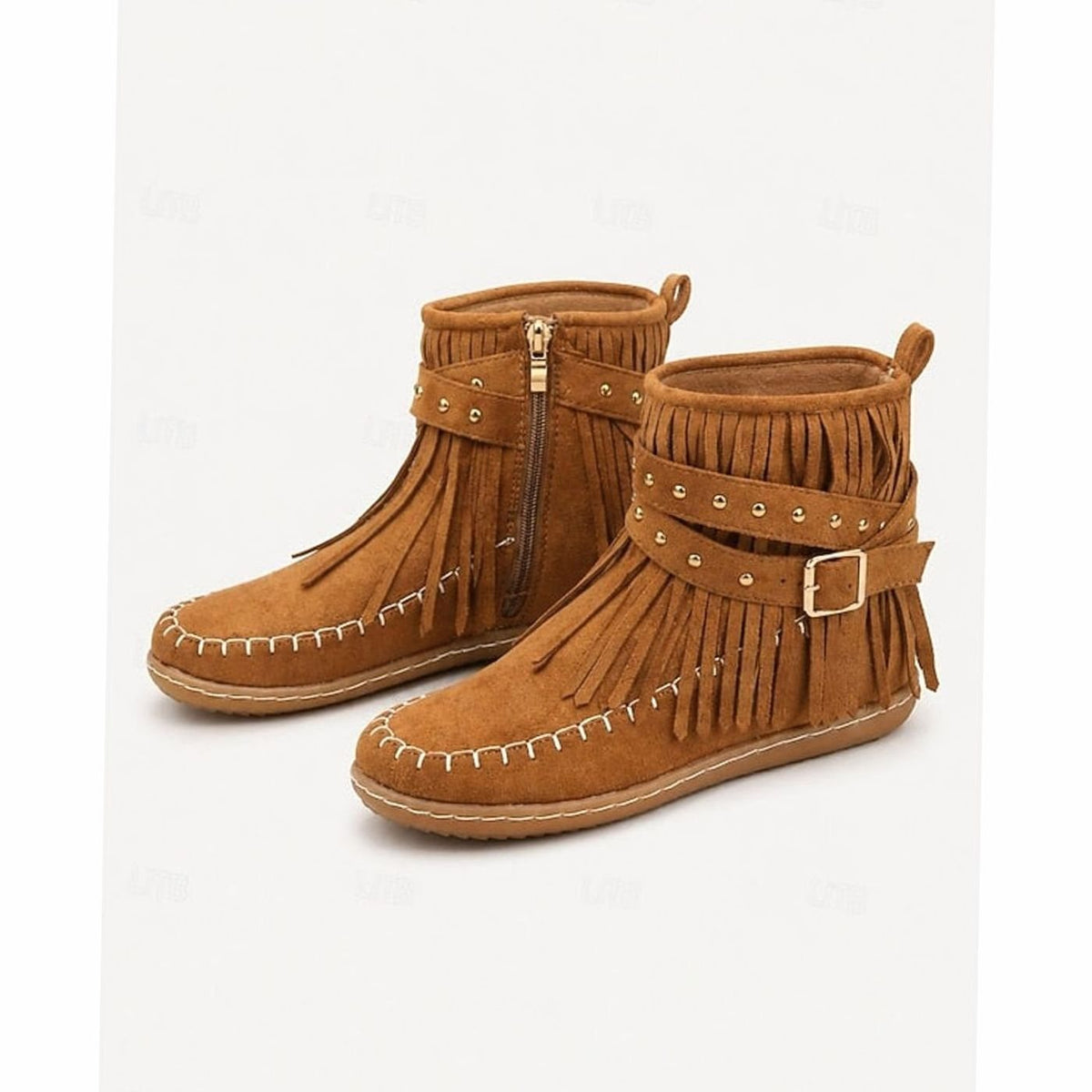 Botines de tobillo con flecos en color beige, marrón y negro