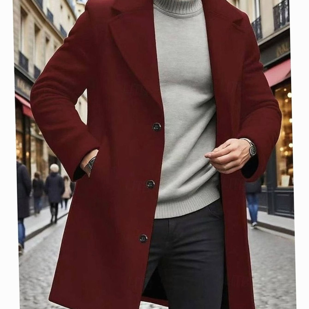 Abrigo largo de hombre combinado con jersey de cuello alto