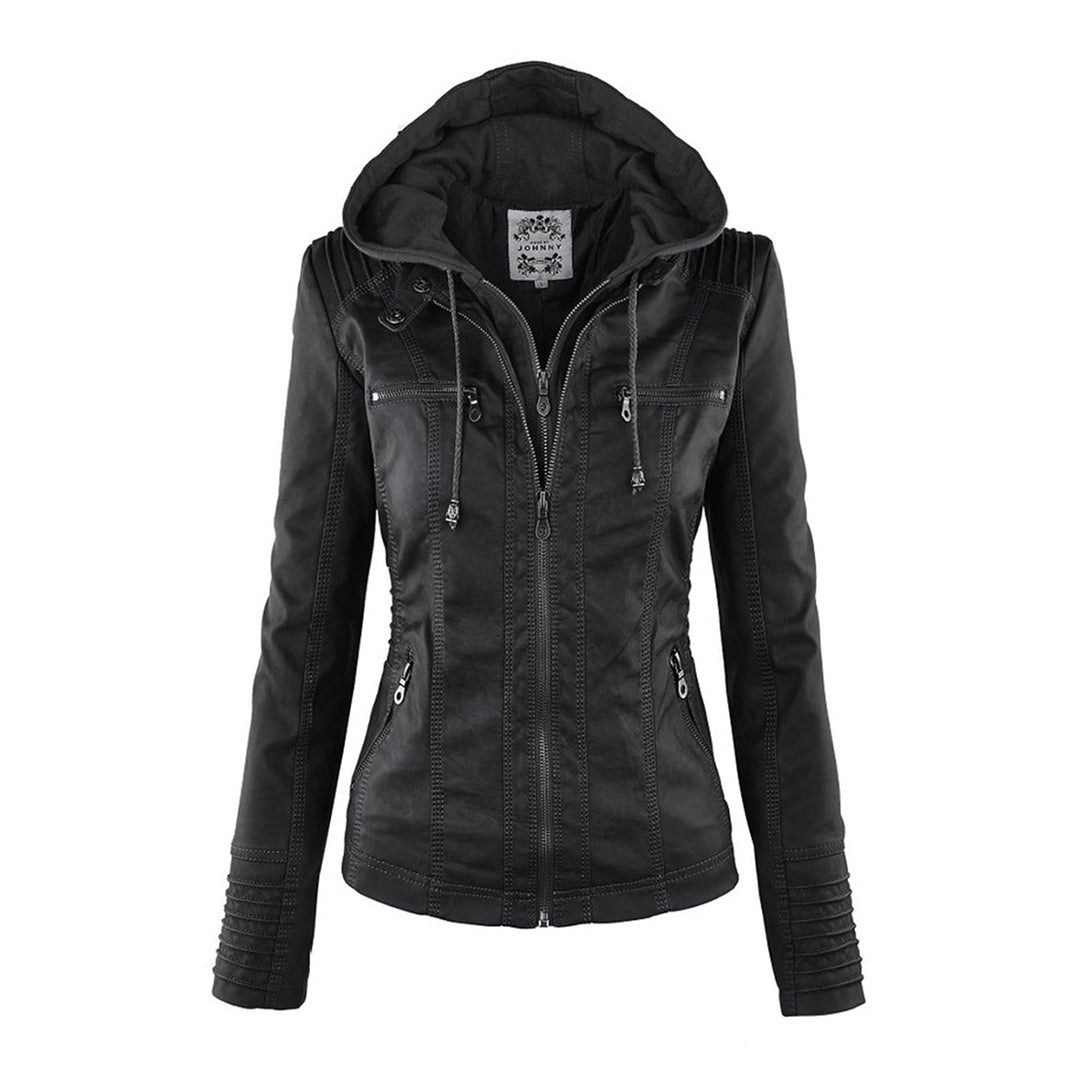 Vista frontal de la chaqueta de cuero ZIRELLE con capucha ajustable