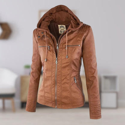 Chaqueta moto mujer con capucha desmontable, vista frontal